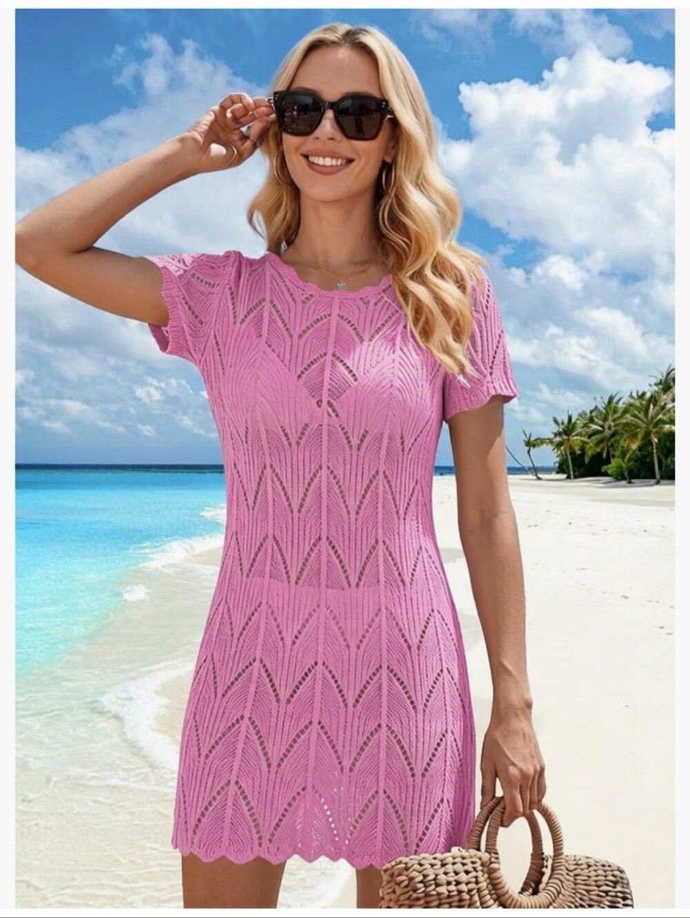 Beach Coverup, Light Pink, Crochet style, soft fabric, cap sleeve, Large, BNWT